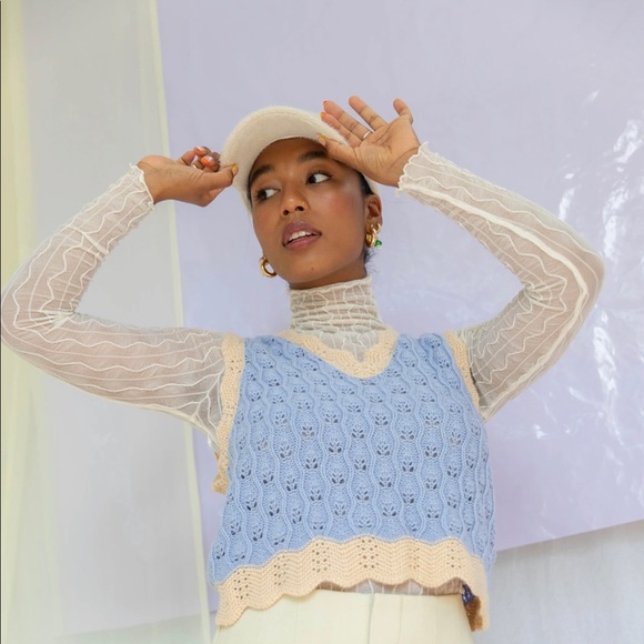 Find me now the Label baby blue and light taupe crocheted vest. - Picture 3 of 5